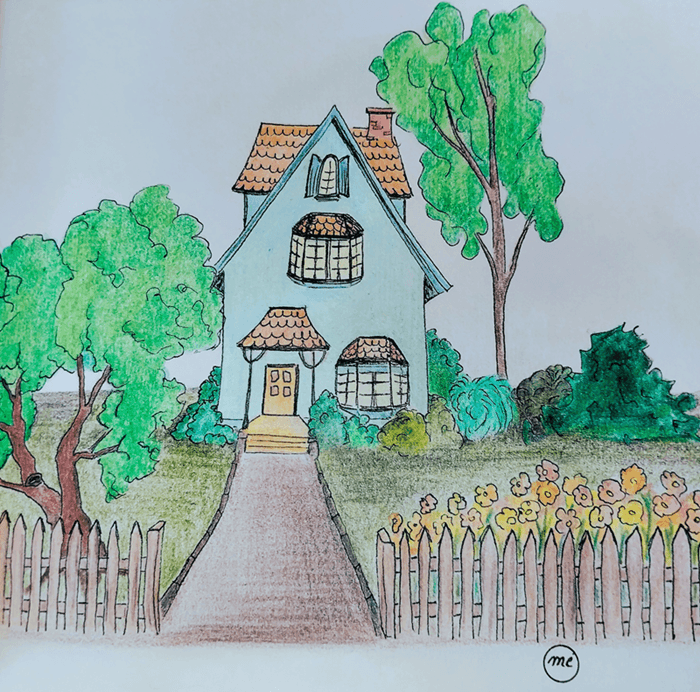 farbenfrohe Illustration eines Hauses mit kleinem Garten